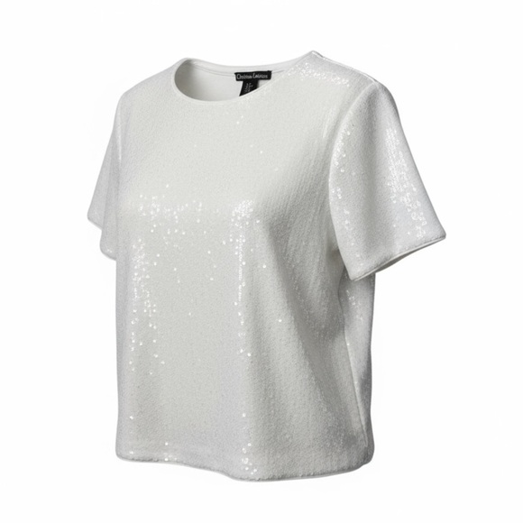 Christian Lacroix White Sequin Short Sleeve TopParty Disco Y2K Luxe